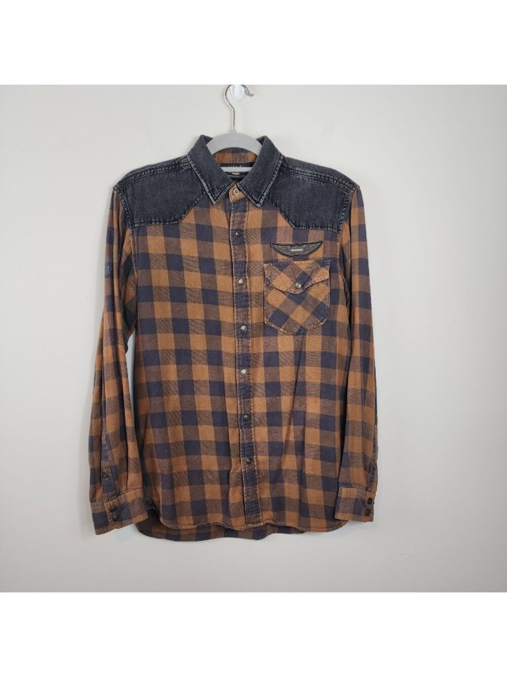Harley Davidson Brown Plaid Long Sleeve Shirt sz S men Spell out Biker